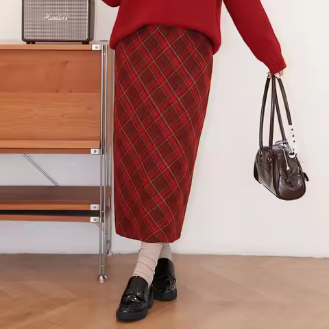 Plus Size Women's Skirt High Waist AB Red Skirt French Vintage Premium Woolen Plaid A-line Autumn Wi