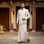 Ready Made Men's White And Gold Dhoti/Mundu/Vesty - Vastramay