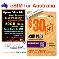 AUSTRALIA ESIM 60GB DATA 5G 4G Prepaid SIM Card Optus AU Sydney Melbourne Perth Brisbane Gold Coast 