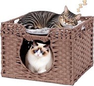 Handwoven Rattan Cat House w/ 2 Cushions, Wicker Cat Bed Indoor Kitten House, Waterproof & Foldable