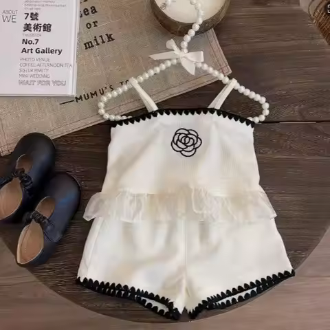 Children's Sets Floral Embroidered Strappy Top + Shorts 2-Piece Set Summer Kids Clothes Girls Kids C