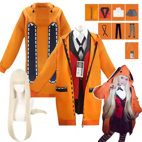 Yomozuki Runa Cosplay Costume Anime Kakegurui Cosplay Wig and Orange Hooded Jacket School Uniform Ha