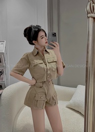 [Voucher 50k Freeship Max 0 đồng toàn quốc] Set tuyết mưa áo croptop đính nút tay ngắn quần đùi nữ p