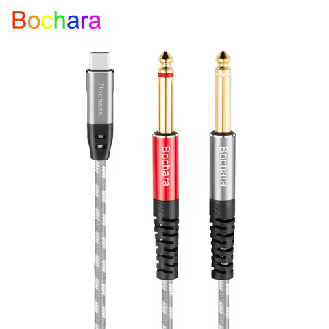 Bochara Braided Type C to Dual 6.35mm TS Jack OFC Audio Output Cable Built-in DAC IC Chipset 24bit@4