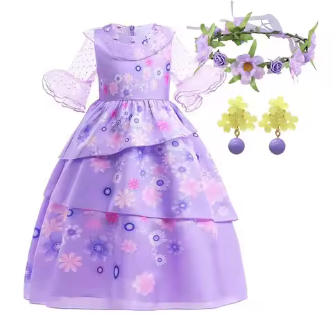 Halloween Dress Up Disney Encanto Mirabel Isabella Costume Full Set Purple Dress Flower Headband Ear