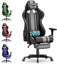 Soontrans Grey Gaming Chair with Footrest, Leather Ergonomic Gaming Chairs for Adults with Massage Lumbar Support &amp; Headrest for Office Work, Height Adjustable Gamer Chair, Comfortable Computer Chair