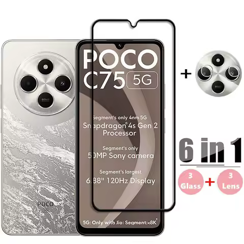 6in1 Glass For Poco C75 Full Cover Tempered Glass Poco C75 Screen Protector 9H Protective Phone Came