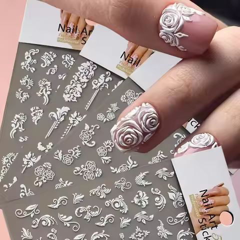 1pcs 5D White Rose Nail Stickers Embossed French White Floral Nail Art Decals 8*10cm Adhesive DIY We