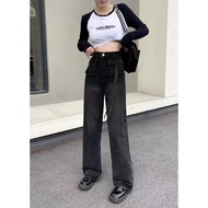 ☁️  กางเกงยีนส์เอวสูง ขายาว ทรงกระบอก ดีเทลสายห้อยตรงกระเป๋า สินค้าพร้อมส่ง ( 2068 )-NZ