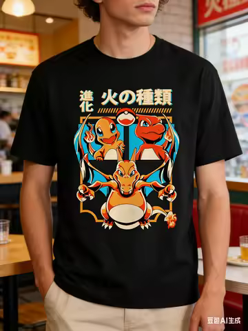 Loose Fit High Quality Cotton Pokemon Charmander Charizard T Shirt Evolution Fire Type Three Dragons