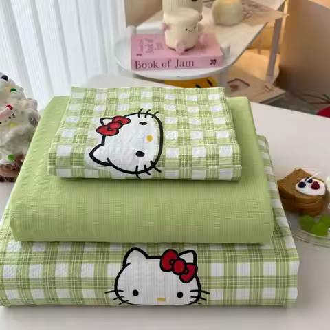4Pcs/set Hello Kitty Bedding Anime Hello Kitty Bed Sheet Duvet Cover Washed Cotton Soft Comfortable 