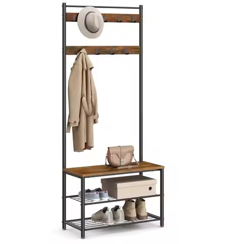 Coat Rack, Hall Tree with Shoe Storage Bench, Entryway Bench with Shoe Storage, 3in1, Steel Frame, f