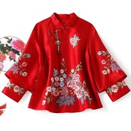 W&amp;ME ชุดประจำชาติ ชุดตรุษจีนปี เสื้อผ้าผู้หญิง ชาวจีน หัวเข็มขัดวินเทจ ปัก Cheongsam ปรับปรุงสั้น เสื้อแจ็กเกต เสื้อแจ็กเกต