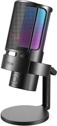 FIFINE Gaming USB Microphone, PC Computer Mic with 4 Polar Patterns for Podcast Streaming Conference Recording YouTube, RGB Condenser Desktop Mic for PS4, Mac, with Headphone Jack-AmpliGame A8 Plus