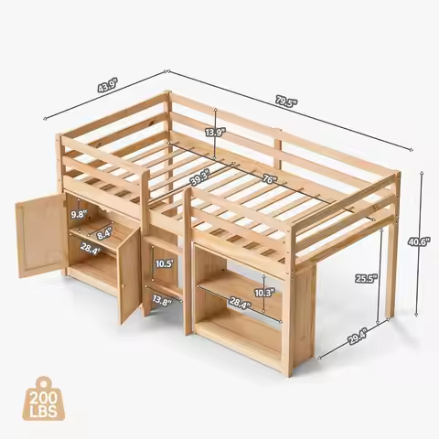 Wood Loft Bed for Kids, Low Loft Bed Twin Size with Storage Cabinet, Shelf and LED Lights, Wooden Ki