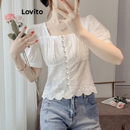 Lovito Elegant Blouse Plain Pleated Button Embroidery Blouse for Women LNE40355