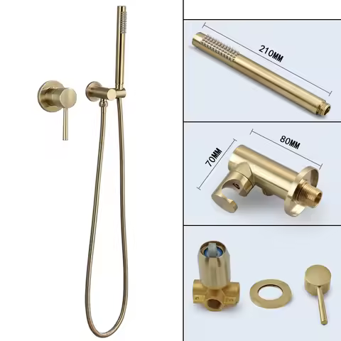 Brass Round Handheld Shower Head Brushed Gold Finish Shower Set Adjustable Wall Holder NM485