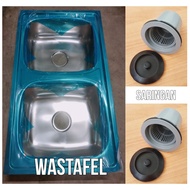 Sink / wastafel / bak cuci piring stainless tebal doubel bowl(2 lubang) + saringan bak + selang pemb