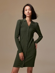 女裝|修身翻領長袖洋裝-軍綠色