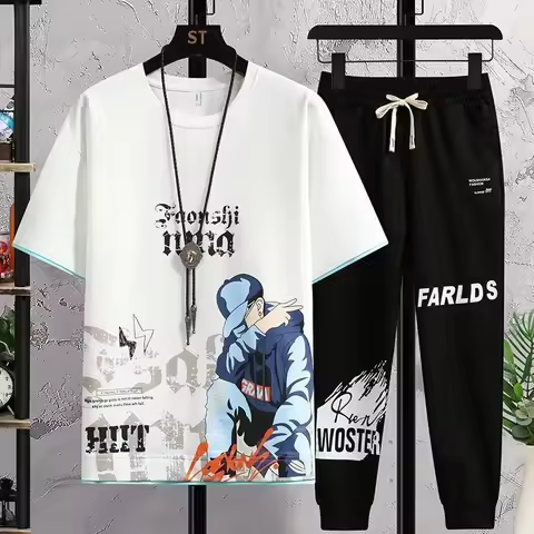 2025 New Mens Oversized Sets M-8XL Tracksuit Summer Youth Trendy T Shirts Sports Pants 2 Piece Sets 