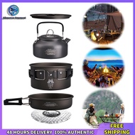 Winnereco 3Pcs/Set Camping Cookware Set with Water Kettle Outdoor Cooking Pot Tableware Pot Pan Set 