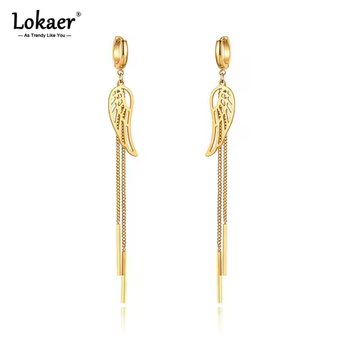 Lokaer Bohemia Long ChainTassel Hoop Earrings Trendy Stainless Steel Wings Earrings For Women Girls