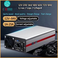 1A to 25A 12V to 84V 36V 48V 60V 72V 87.6V Li-ion Lifepo4 Lithium Battery Charger Voltage Curren Adjustable Fast Charge ebike 10S 20S 16S 58.4V 67.2V