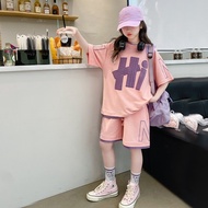 3-14Y Bộ đồ thể thao bé gái quần đùi ngắn tay rộng rãi mùa hè thời trang dành cho trẻ em lớn hơn