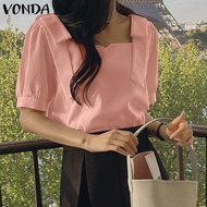 VONDA เสื้อผู้หญิงแขนแบบสั้นผูกเชือกสี่เหลี่ยมเปิดไหล่ทรงสี่เหลี่ยมสไตล์เลดี้ไซส์ (ลำลองเกาหลี)