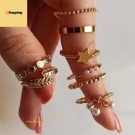 MK1  8pcs/set Gold Star Leaf Pearl Rings Personalized Fashionable Rings Set Alloy Rings Wen Jewelry 
