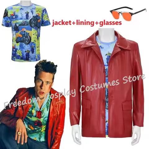 Movie Fight Club Tyler Durden Cosplay Costumes In Stock Brad Biker Leather Jacket Red Coat Shirt Gla