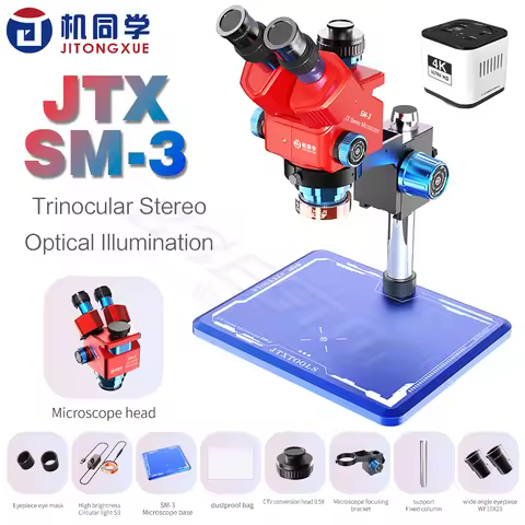 JTX SM-3 Trinocular Stereo Microscope 7-60X Zoom 4K HD Camera WF10X23 Eyepiece Alloy Base for Phone 
