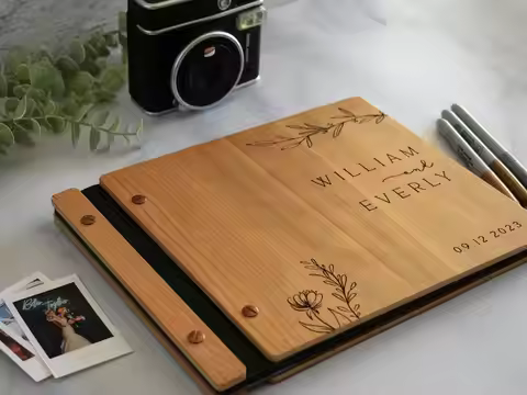 Wooden Wedding Guest Book - Personalized Laser Engraved, Perfect for Photos and Heartfelt Messages, 