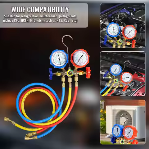 Refrigerant Manifold Gauge Set with Hose Hook for R410A R22 R404A R134A Charging - Professional AC D