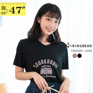 American Retro Letter Print All-Match Ribbed Cotton V-Neck Short-Sleeved Top (Black.Coffee L-3L) Eye