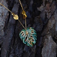 【龜背竹】獨特小眾植物手繪綠金陶瓷鈦鋼疊戴項鏈