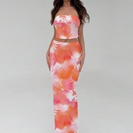 Elegant Resort Fit Floral Print Pattern Bandeau Top And Mini Skirt 2 Pieces Set, Suitable For Beach
