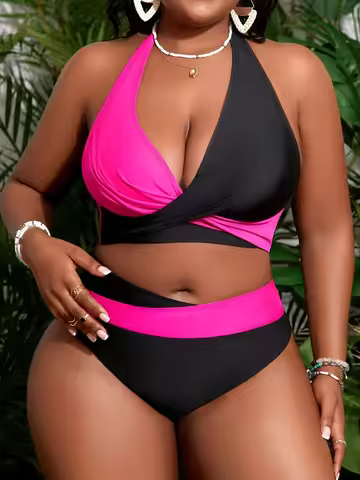 2026 New Neon Pink & Black Wrap Bikini Set - Halter Top, High-Waisted Contrast Bottoms, Bold Beach S