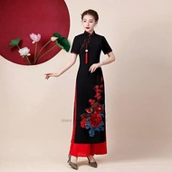 Jodie 2023ผู้หญิงวินเทจเวียดนามดอกไม้เย็บปักถักร้อยเวียดนามเสื้อคลุมและกางเกงชุด Cheongsam ที่ดีขึ้น