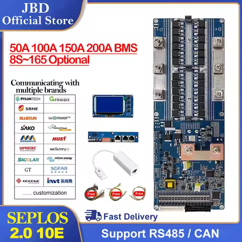 Seplos Smart BMS 13S 14S 15S 16S 100A 150A 200A 48V CAN/RS485 Board Bluetooth LiFePO4 Battery Commun