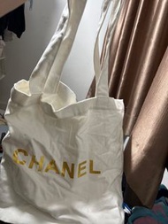 Chanel白色布袋亞麻色方形手挽袋