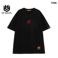 Áo thun HY KOREA form rộng logo thêu Làng lá 90 tay lỡ nam nữ