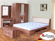 Raminthra Furnitureชุดห้องนอนหัวเบาะMilano 5ฟุต เตียงหัวเบาะ5ฟุต+ตู้ผ้า3บาน+โต๊ะแป้ง80ซม.(สีวอลนัท) Bedroom Set
