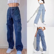 Cargo Six pocket Wide Leg  Seluar Jeans Perempuan Acid Wash Cargo Premium Quality