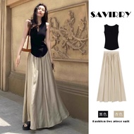 Ord- A complete set/Yamamoto pleated skirt 95cm long, A-line with simple black shirt, 4-season women