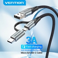 Vention USB สาย USB 2.0 A ถึง Micro B ประเภท C ชาย2ใน1อะลูมินัมอัลลอย3A สายชาร์จเร็วสาย0.5M 1M สำหรับ Xiaomi 10Pro Samsung โน้ตบุ๊ค S10 Huawei Mate30 Nova7 USB สายเคเบิลต่อโทรศัพท์