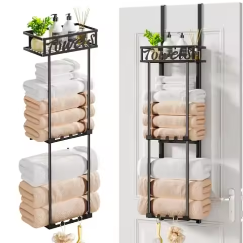 Towel Rack Bathroom Storage - 3 Tier Over The Door and Wall Mounted Rolled Towel Racks Holder Organi