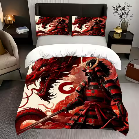 3pcs Set Featuring a Warrior in Red Armor with a Dragon Comforter Cover Set, Stylish Ninja Duvet Cov