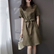 Chubby Meiyi Short-Sleeved Dress Long Version Narrow-Waisted One-Piece M-2XL Medium Large Size Round