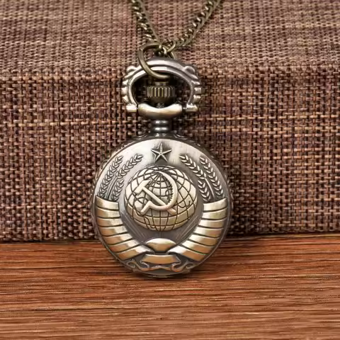 Vintage USSR Soviet Badges Sickle Hammer Pocket Watch Necklace Bronze Pendant Chain Clock Fashion Em